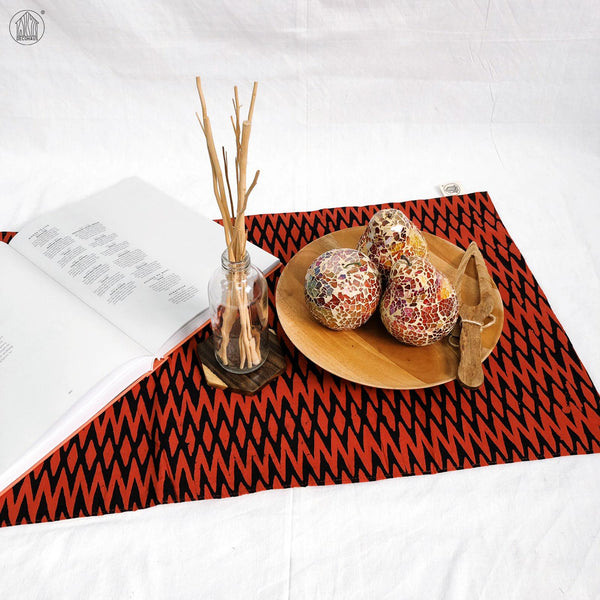 DIAMOND ZIGZAG Batik Handstamped Table Runner in Red