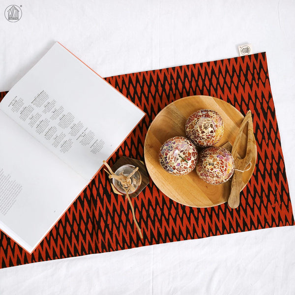 DIAMOND ZIGZAG Batik Handstamped Table Runner in Red